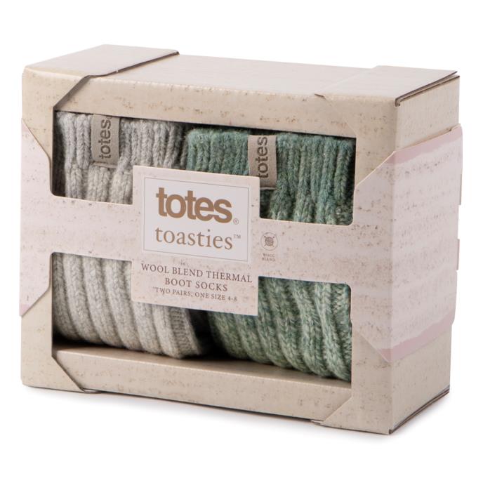 totes toasties® Ladies Chunky Twist Wool Boot Socks (Twin Pack) Grey / Sage Extra Image 1
